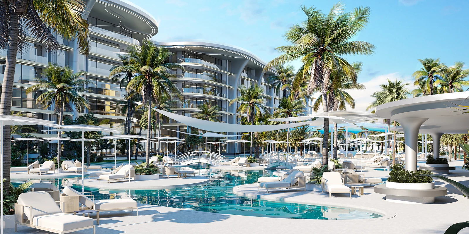 Andaman City daytime architectural rendering: curved buildings, palms and poolside spaces