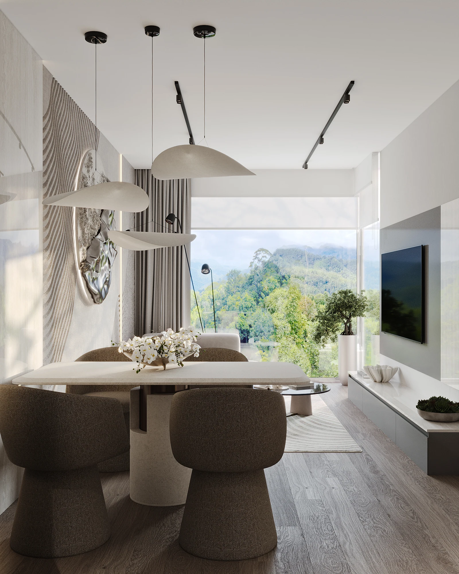 Atrium Andaman City living room and kitchen interior rendering